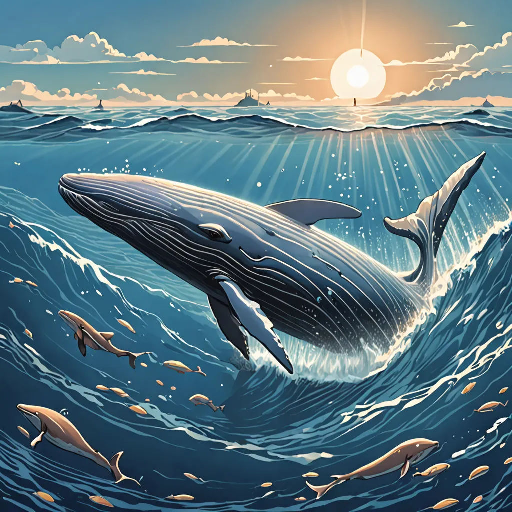 a whale is swimming in the ocean with other fish around it and a lighthouse in the distance in the background, Dan Mumford, psychedelic art, a storybook illustration, josan gonzales and dan mumford