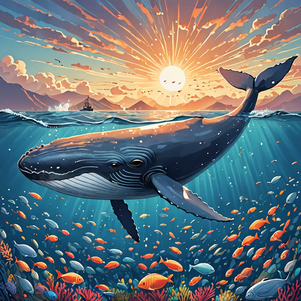 a painting of a whale swimming in the ocean with a sunset in the background and fish swimming around it, Dan Mumford, psychedelic art, an airbrush painting, highly detailed digital painting