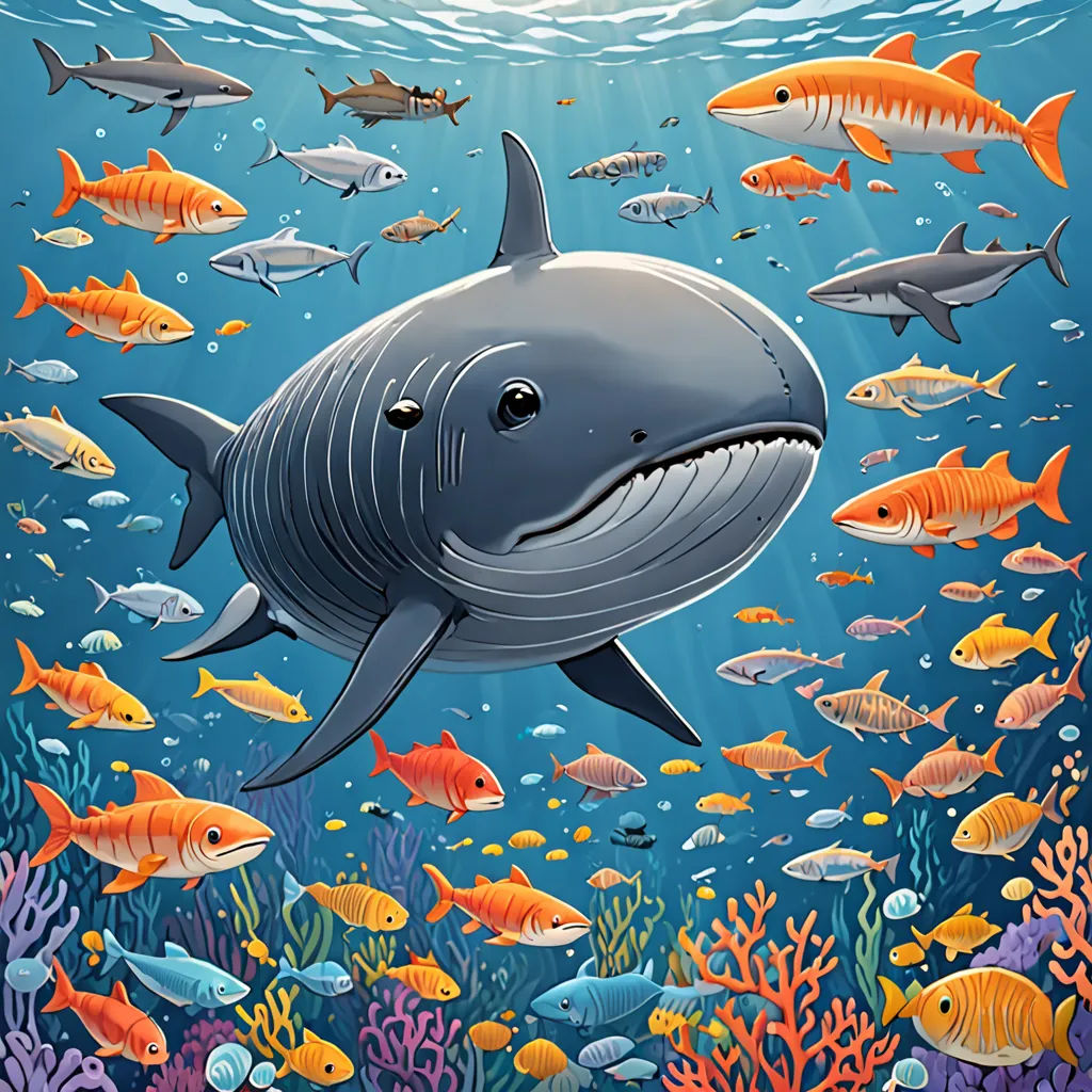 a shark surrounded by fish under the water with a sun in the background and a blue sky above it, Chris LaBrooy, rayonism, a storybook illustration, highly detailed digital painting