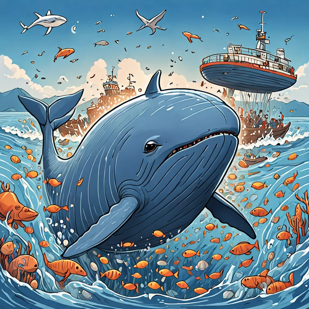 a whale is swimming in the ocean with a boat in the background and fish around it, and a ship in the background, Chris LaBrooy, environmental art, a storybook illustration, josan gonzales and dan mumford