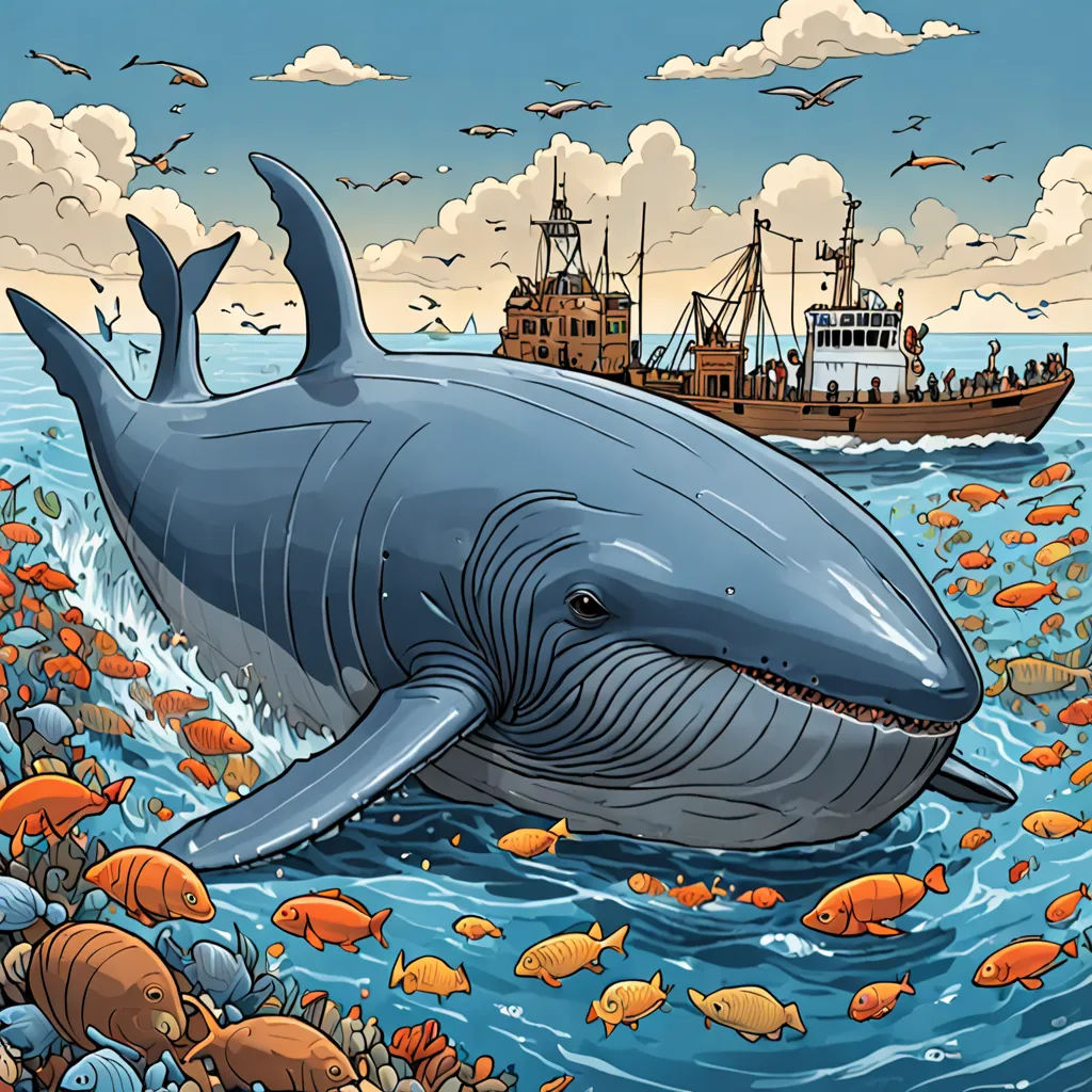 a whale is swimming in the ocean with many fish around it and a boat in the background with a sky full of clouds, Dan Mumford, environmental art, a storybook illustration, detailed illustration