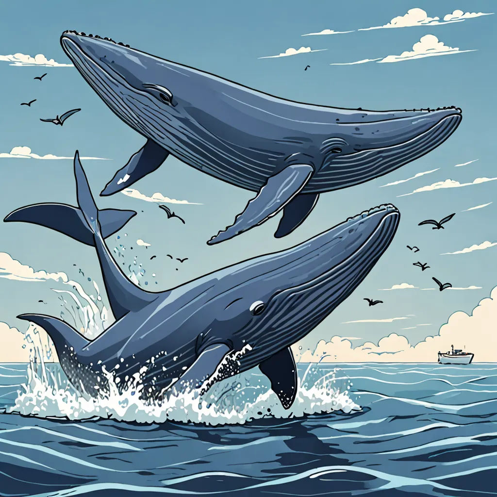 a couple of whales are jumping out of the water together in the ocean with a boat in the background, Dan Mumford, rayonism, an illustration of, detailed illustration