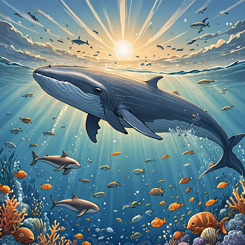 a painting of a dolphin swimming in the ocean with fish around it and sun shining through the water above, Dan Mumford, rayonism, a storybook illustration, detailed illustration