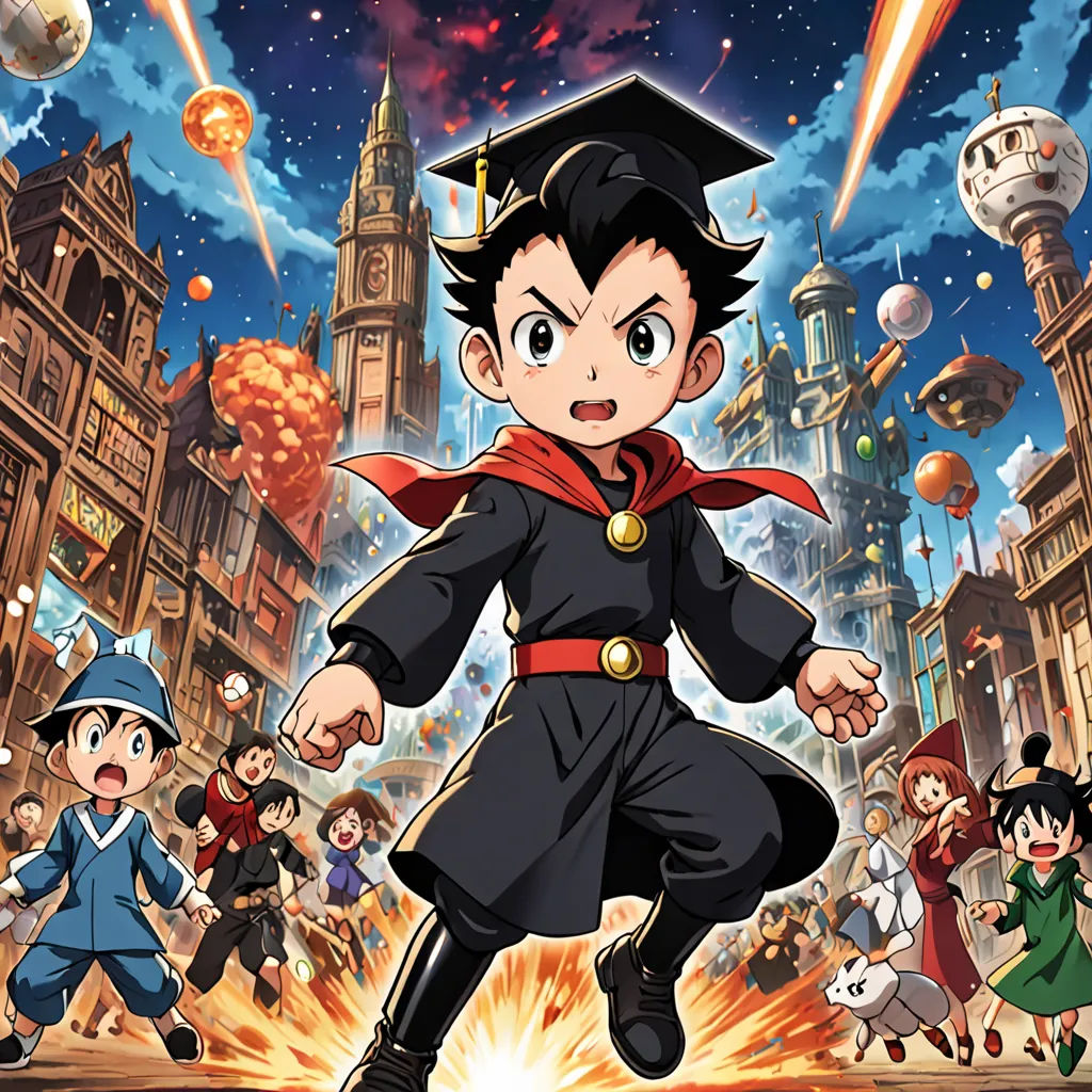 a cartoon character with a graduation cap on and other characters in the background, with a city skyline in the background, rayonism, a poster, Adam Manyoki, official art