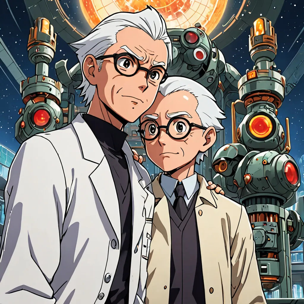 two people standing next to each other in front of a robot machine with a man in a suit and tie, rayonism, poster art, Brothers Hildebrandt, official art