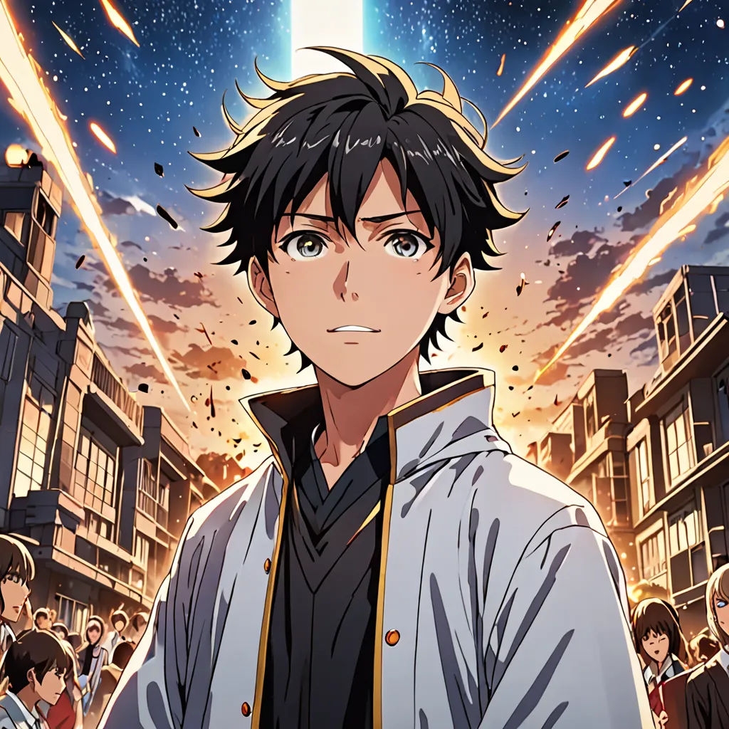 a man in a white jacket standing in front of a crowd of people with fireworks in the background and a sky full of stars, rayonism, poster art, Ai-Mitsu, anime key visual