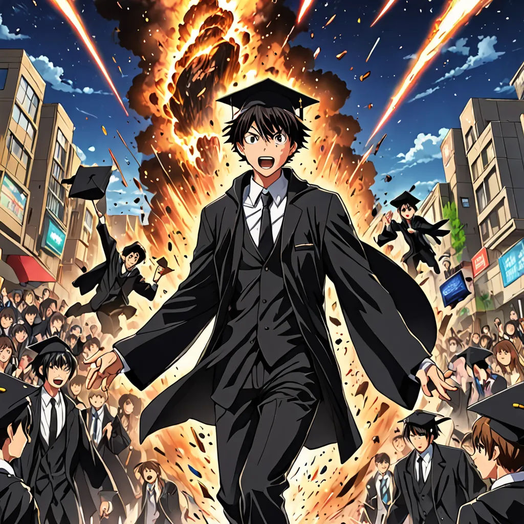 a man in a graduation gown is surrounded by graduates and a huge explosion of fire and smoke in the background, rayonism, poster art, Baiōken Eishun, official art
