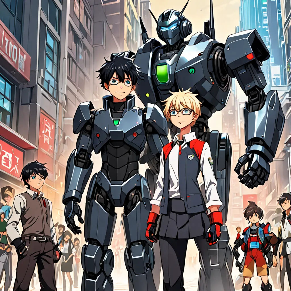 a group of people standing next to each other in front of a robot suit and a cityscape, rayonism, poster art, Ai-Mitsu, official art