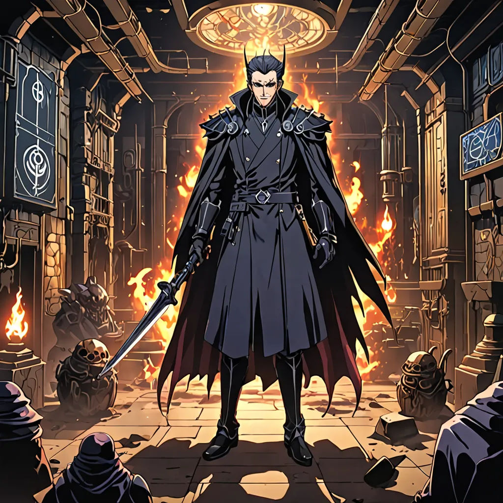a man in a black coat holding a sword in a room with flames and signs on the walls and a clock, rayonism, a character portrait, Cedric Seaut (Keos Masons), official art