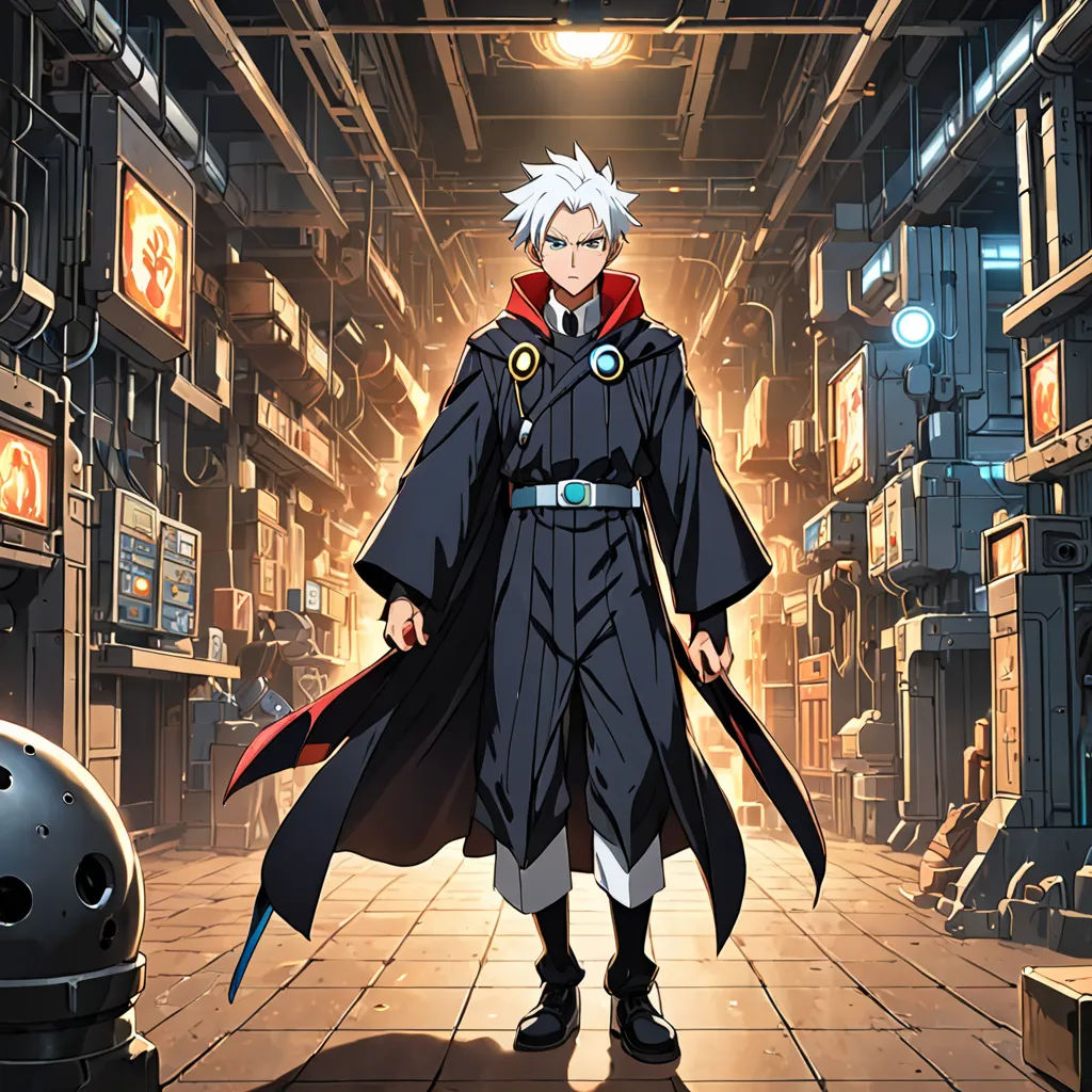 a man in a black coat and red cape standing in a room with a robot in it's hand, rayonism, concept art, Dean Roger, official art