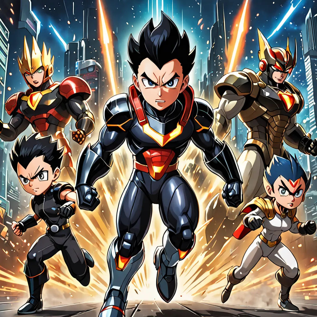 a cartoon of a group of hero men in front of a city skyline with a rocket ship in the background, rayonism, poster art, Adam Manyoki, official art