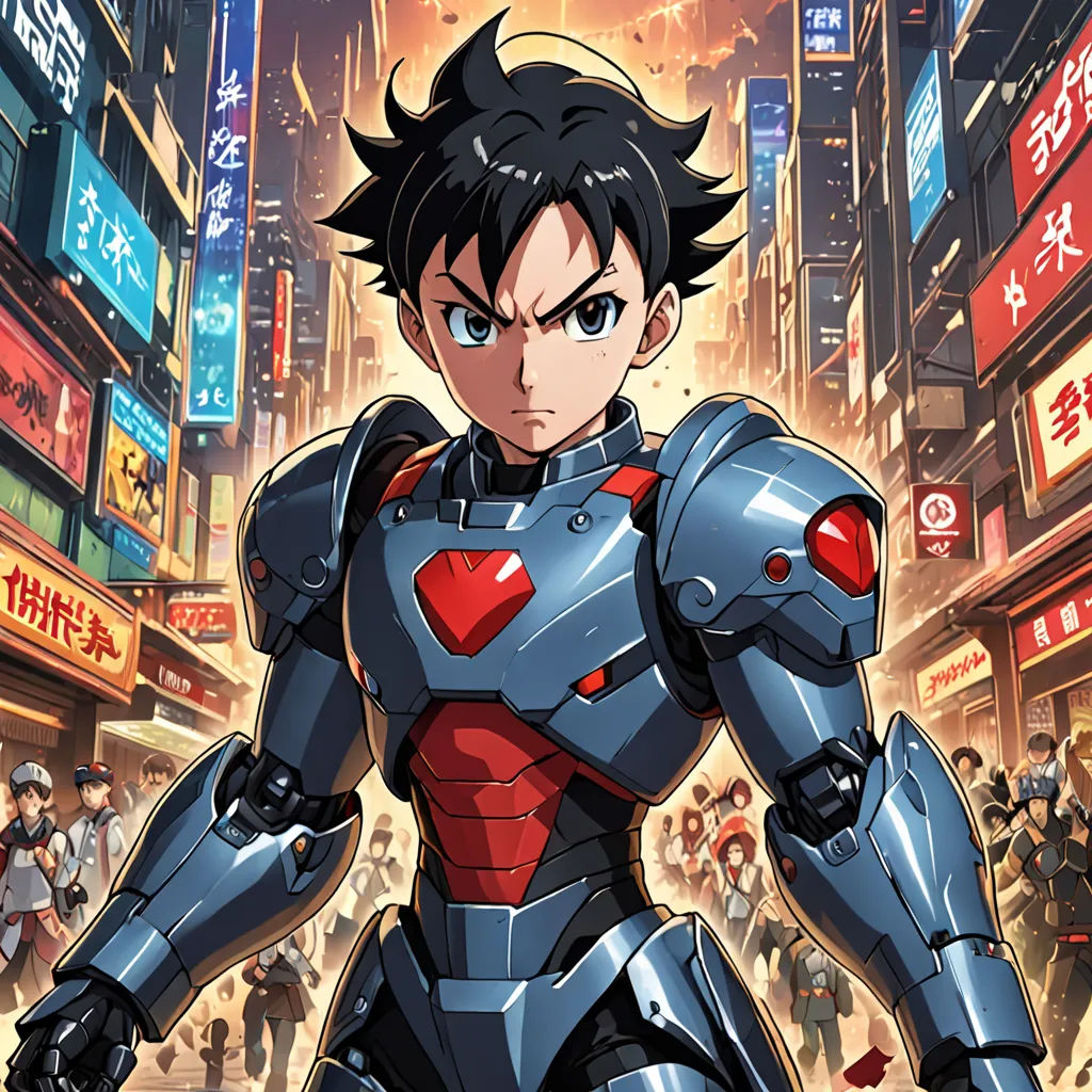 a man in a suit standing in a city street with a robot suit on his chest and arms outstretched, lyco art, a manga drawing, Ai-Mitsu, anime key visual