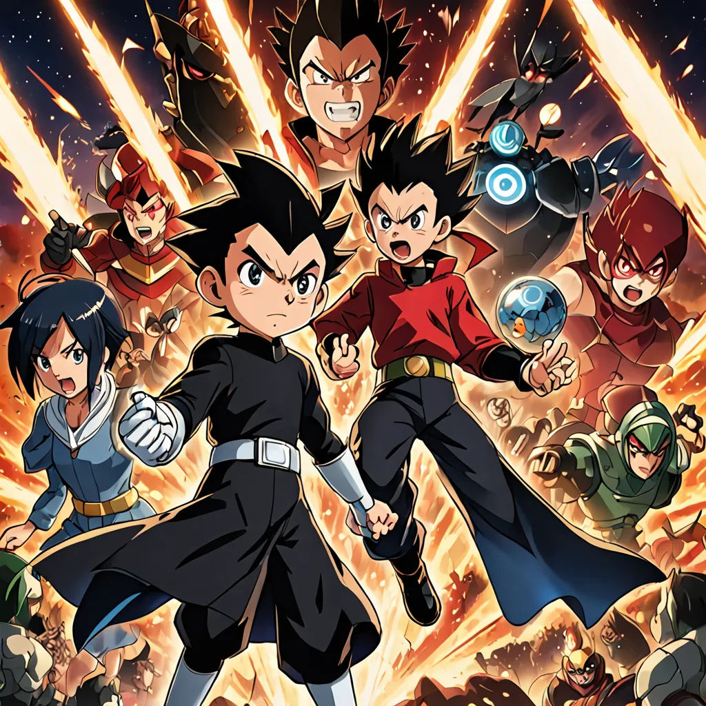 a cartoon character with many different characters in the background of a movie poster for the film dragon ball, featuring a young man in a red shirt, rayonism, a poster, Baiōken Eishun, official art