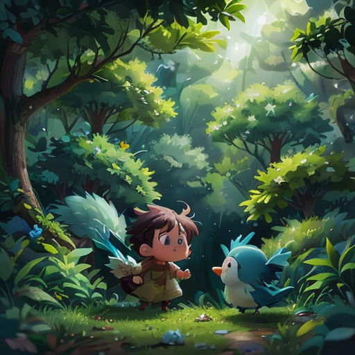 a boy and a bird in the forest with a light shining on them and a bird flying over them