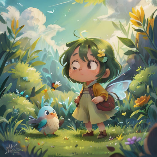 a little girl with green hair and a brown bag standing in a forest with a bird and a bird