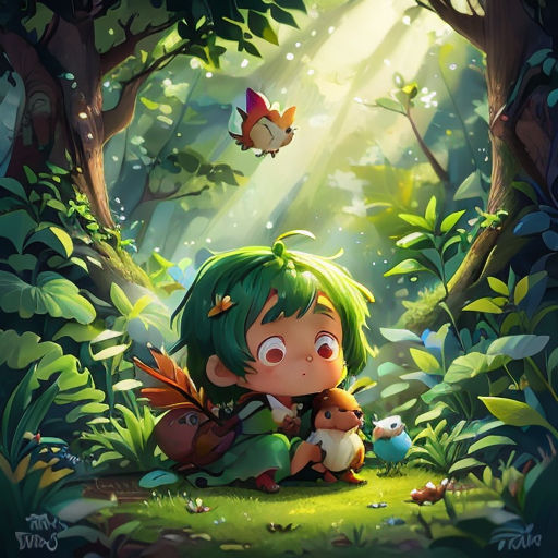 a girl sitting in the middle of a forest with a bird flying above her and a bird flying above her