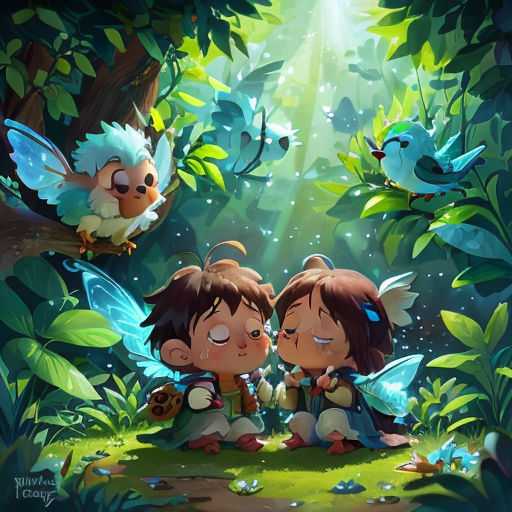 two little girls sitting on the ground in the forest with a bird flying above them and a bird sitting on the ground