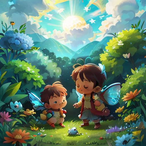two children are standing in the grass with a butterfly on their back and a bird on their shoulder, and a sun shining behind them