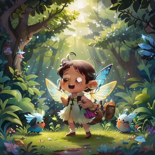 a little girl with a butterfly on her back in the woods with a forest background and a light shining through the trees