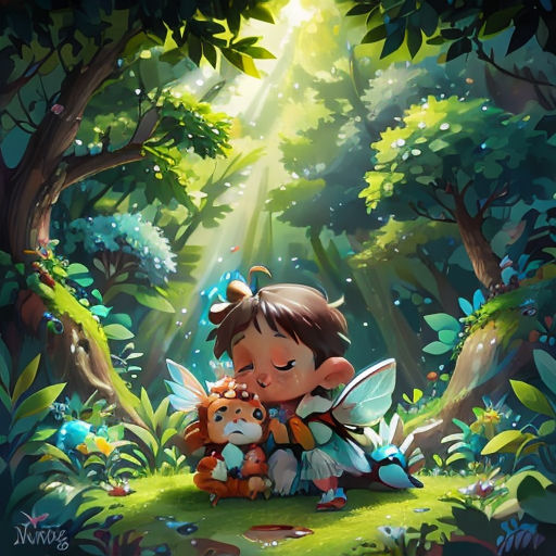 a little girl hugging a teddy bear in the forest with a light shining through the trees behind her and a forest background