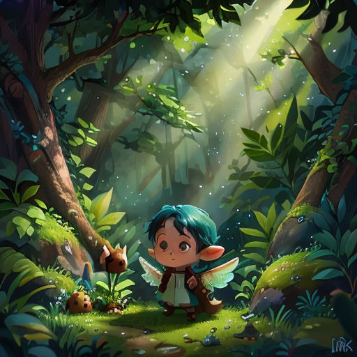 a little boy standing in the middle of a forest with a bird on his shoulder and a bird on his shoulder