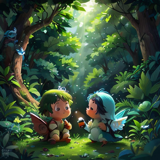 two children sitting in the woods with a light shining through the trees and a forest floor with a light shining through the trees