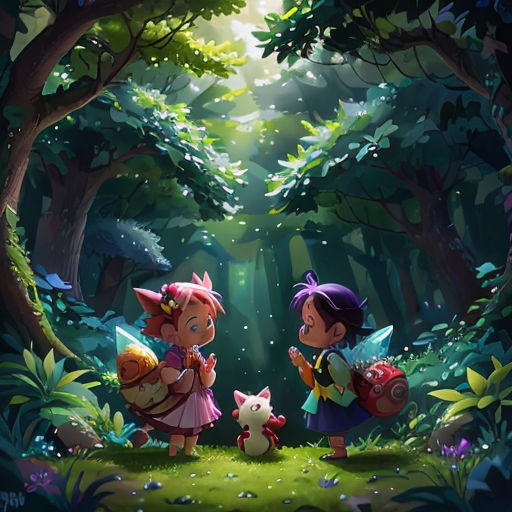 two cartoon characters are standing in the woods with a cat and a dog in front of them, looking at each other