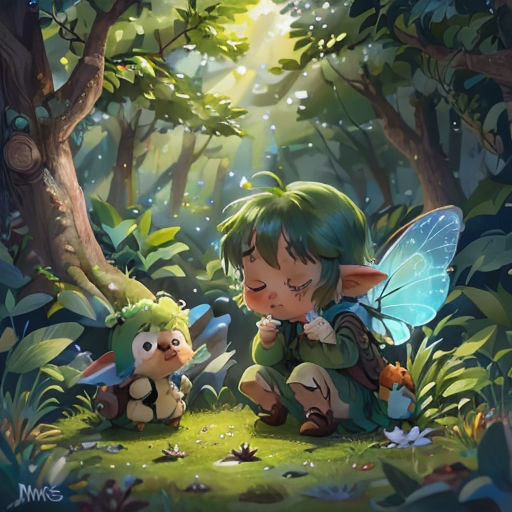 a little girl sitting on the ground next to a stuffed animal in a forest with a fairy on her back