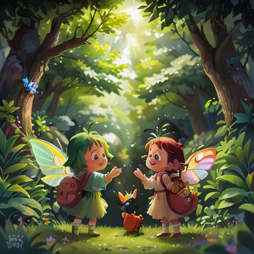 two little girls in the woods with a butterfly on their shoulder and a bird on their shoulder, with a forest background