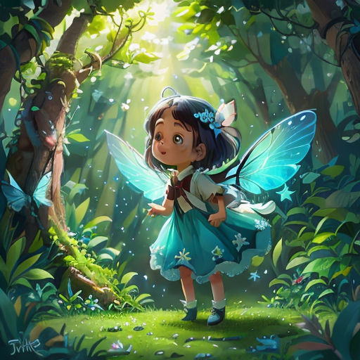 a little girl in a blue dress standing in the woods with a butterfly on her shoulder and a light shining through the trees