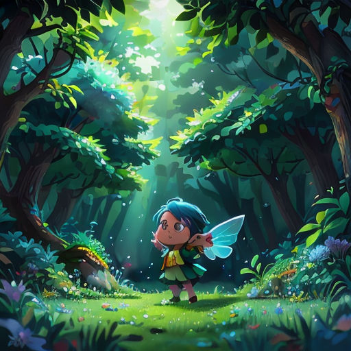 a cartoon girl in a forest with a light shining through the trees and a fairy on her back,