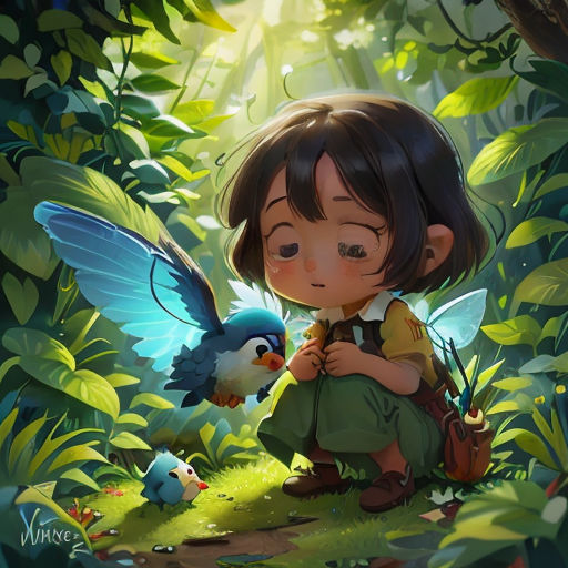 a little girl is sitting in the woods with a bird on her lap and a bird on her shoulder