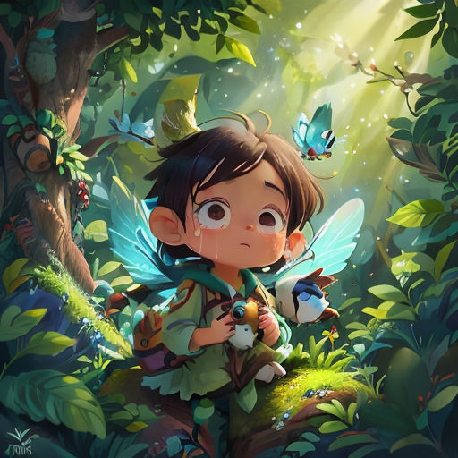 a little girl sitting on top of a tree in the forest with butterflies flying around her and a bird flying above her