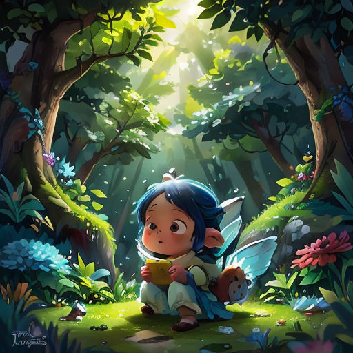 a little girl sitting in the middle of a forest with a fairy on her lap and a bear in her lap