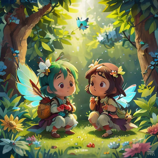 two little girls sitting in the woods with a butterfly on their back and a butterfly on their shoulder,