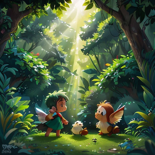 a cartoon scene of a forest with a little girl and a boy in the woods with a squirrel and a dog