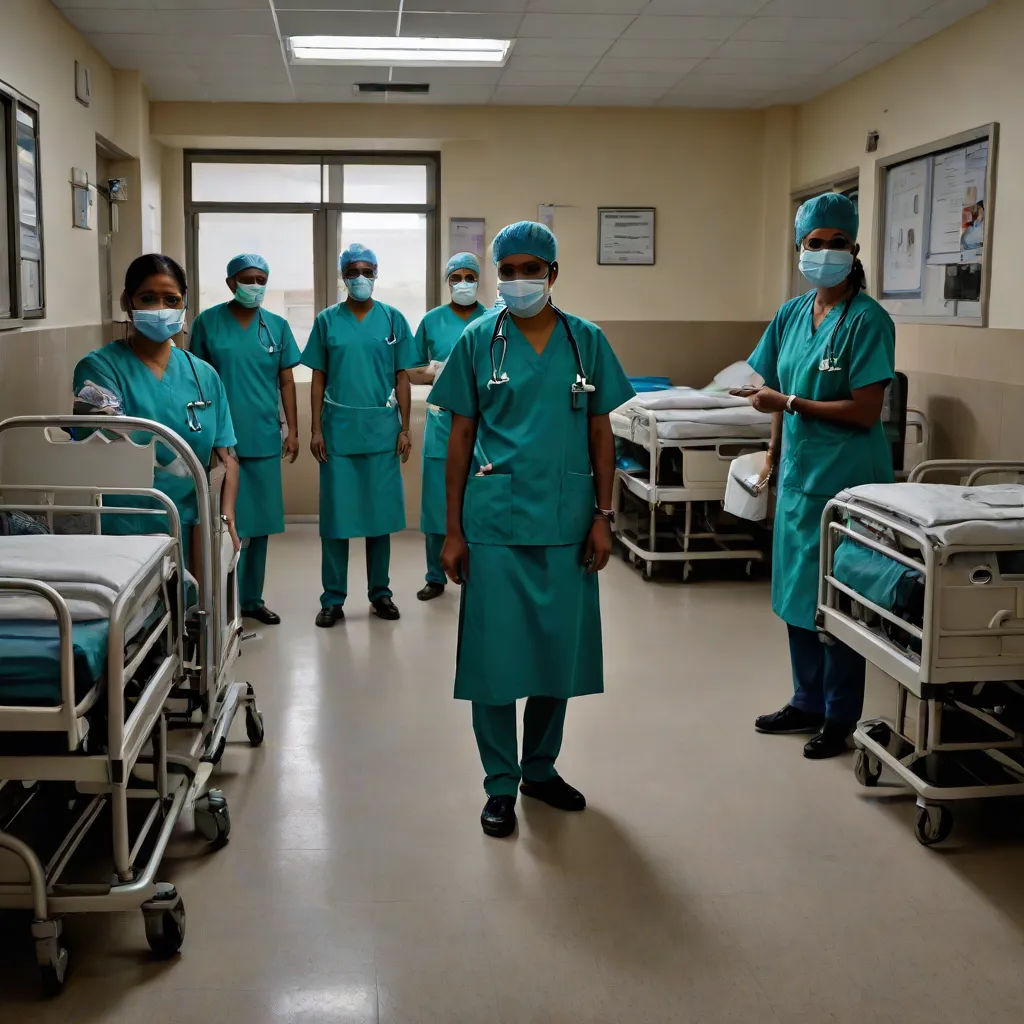 a group of doctors standing around a hospital room with beds and medical equipment on the floor and in the windows, Évariste Vital Luminais, neoplasticism, a stock photo, ultra wide angle