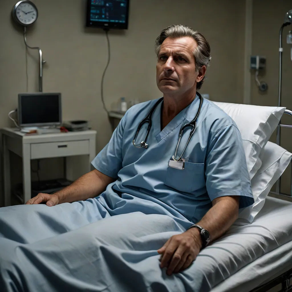 a man in a hospital bed with a monitor on the wall behind him and a clock on the wall behind him, David Annand, neoplasticism, a character portrait, promotional image