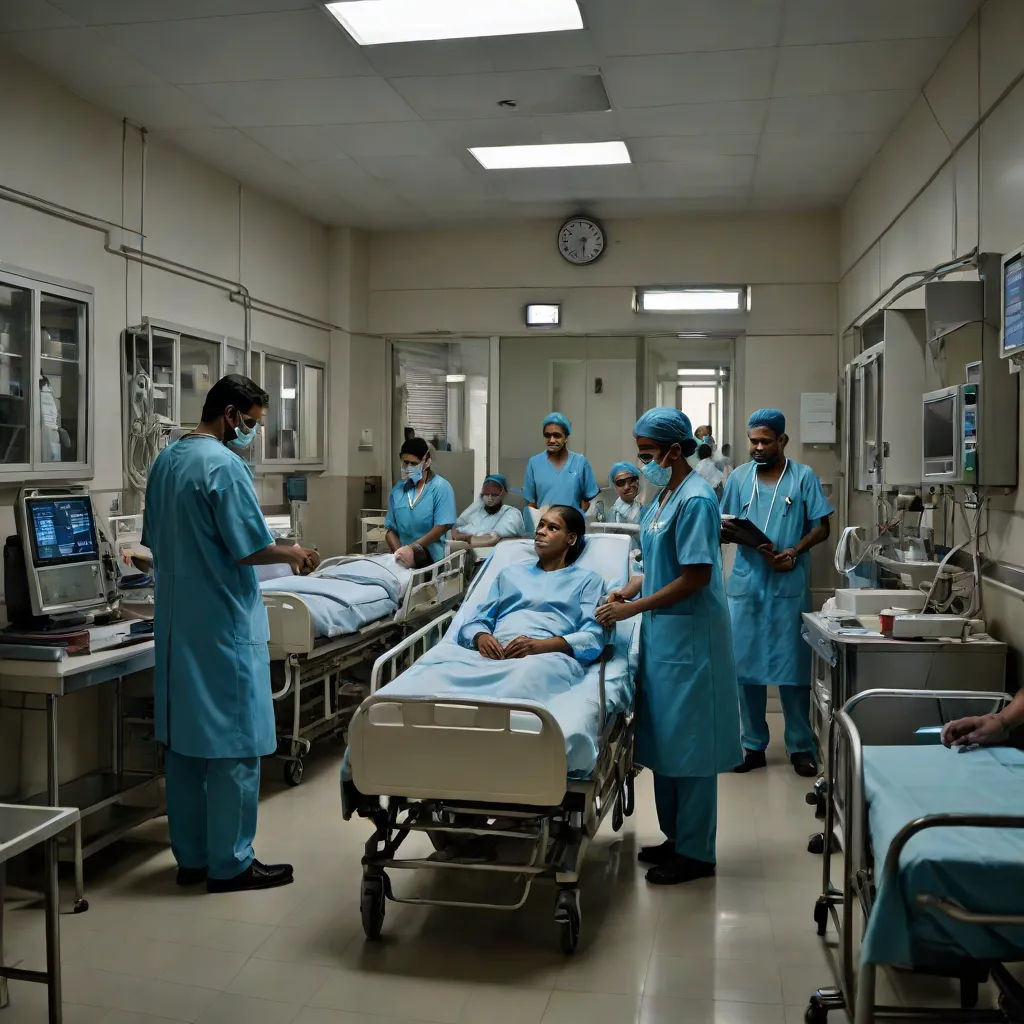 a group of doctors in a hospital room with a patient in a bed on a gurney in the foreground, Amir Zand, neoplasticism, a jigsaw puzzle, vfx