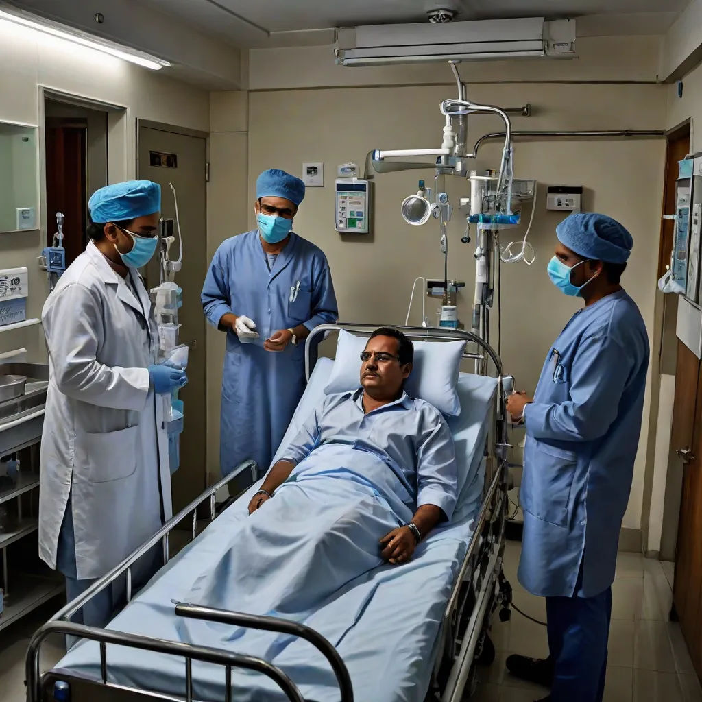 a group of doctors standing around a hospital bed in a room with a man laying in it and another man standing next to him, Bholekar Srihari, neoplasticism, a stock photo, promotional image