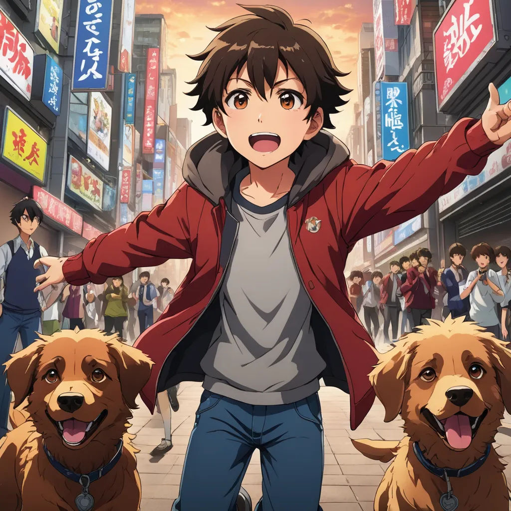 a man standing next to two dogs on a street with people in the background and a sky background with buildings, furry art, concept art, Dan Content, anime key visual