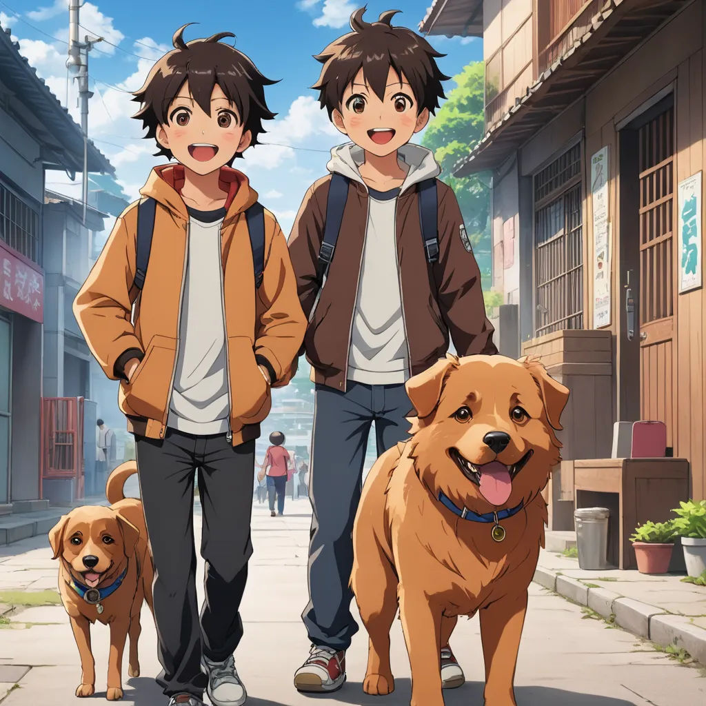two boys and a dog walking down a street in front of a building with a sky background and a person walking down the street, rayonism, concept art, Dan Content, anime key visual