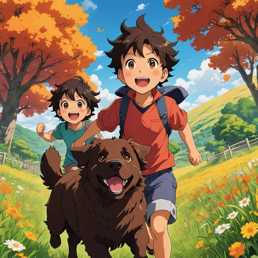 a boy and a girl running with a dog in a field of flowers and trees in the background, with a dog running behind them, furry art, a poster, Anne Said, anime key visual