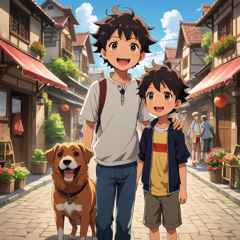 a man and a boy standing next to a dog on a street with a dog on the leash and a dog on the leash, visual art, concept art, disney, anime key visual