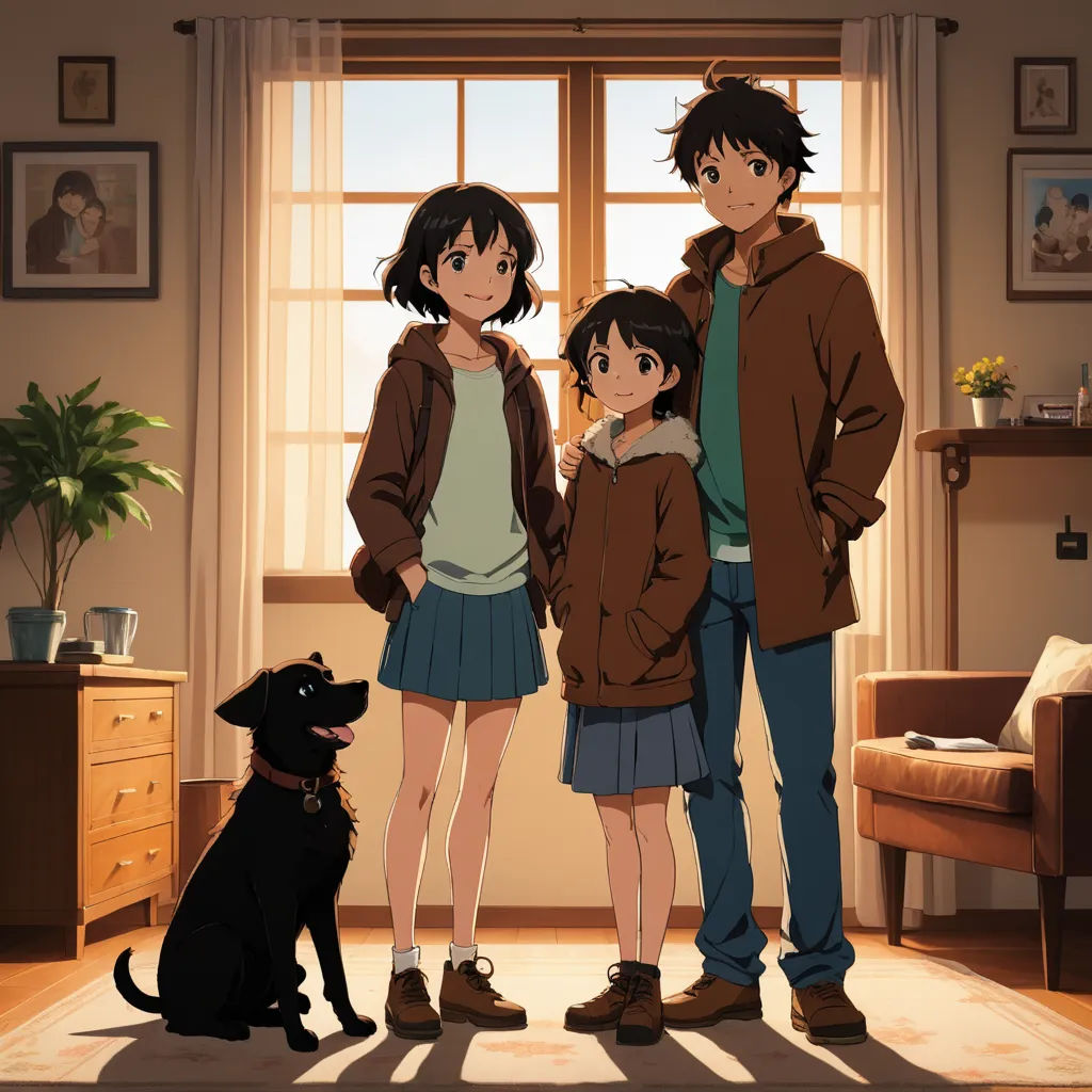 a family standing in a living room with a dog and a window behind them, with a dog sitting on the floor, serial art, poster art, Aya Goda, official art