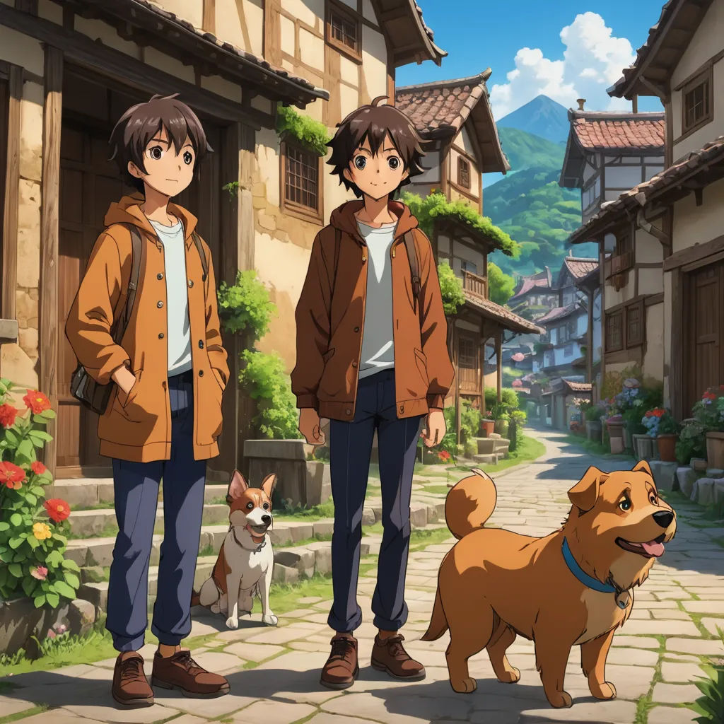 two people standing next to a dog on a street with houses in the background and a dog on the ground, magic realism, concept art, Cedric Seaut (Keos Masons), official art
