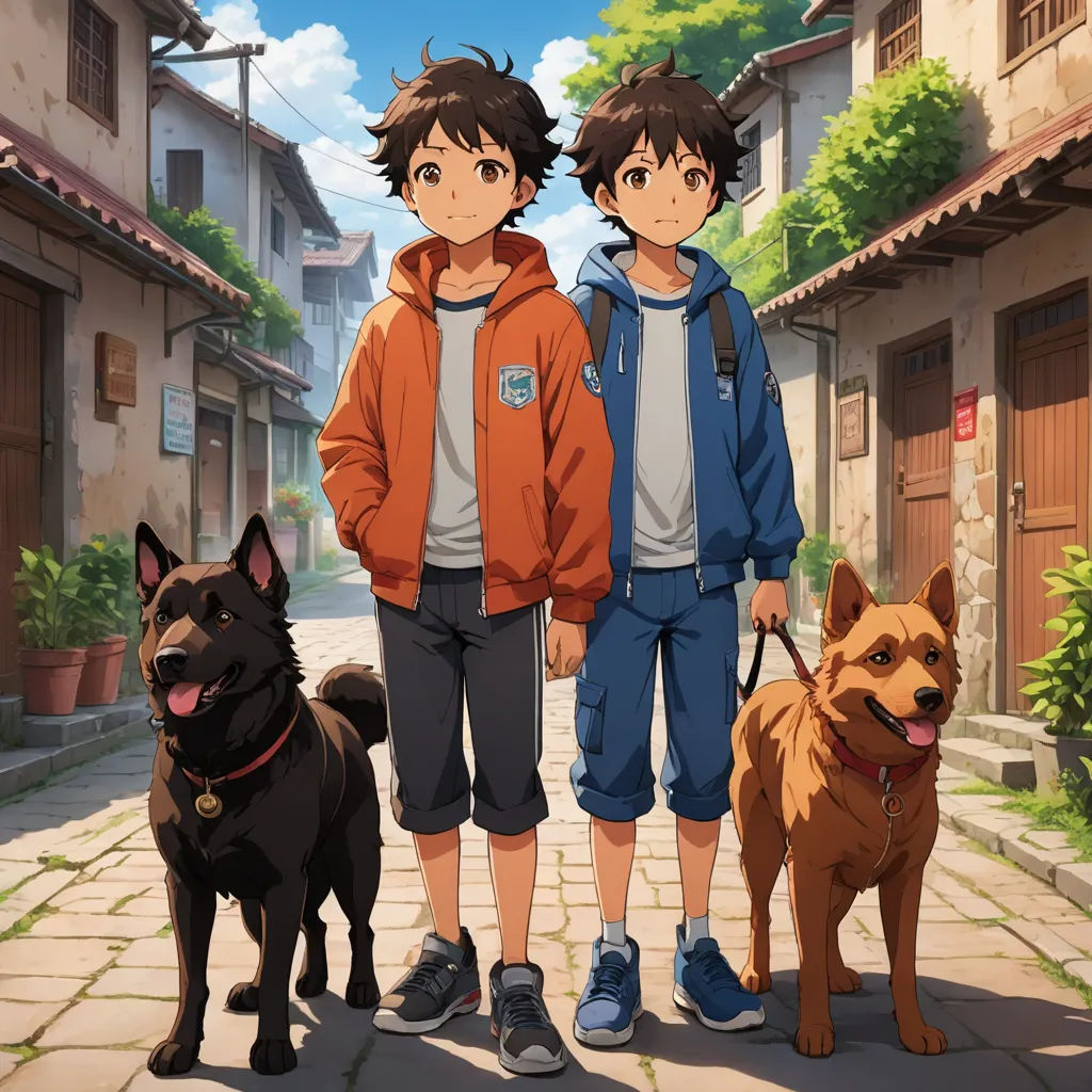 two boys and a dog standing in a street with buildings in the background and a person in the foreground, rayonism, concept art, Adam Manyoki, anime key visual