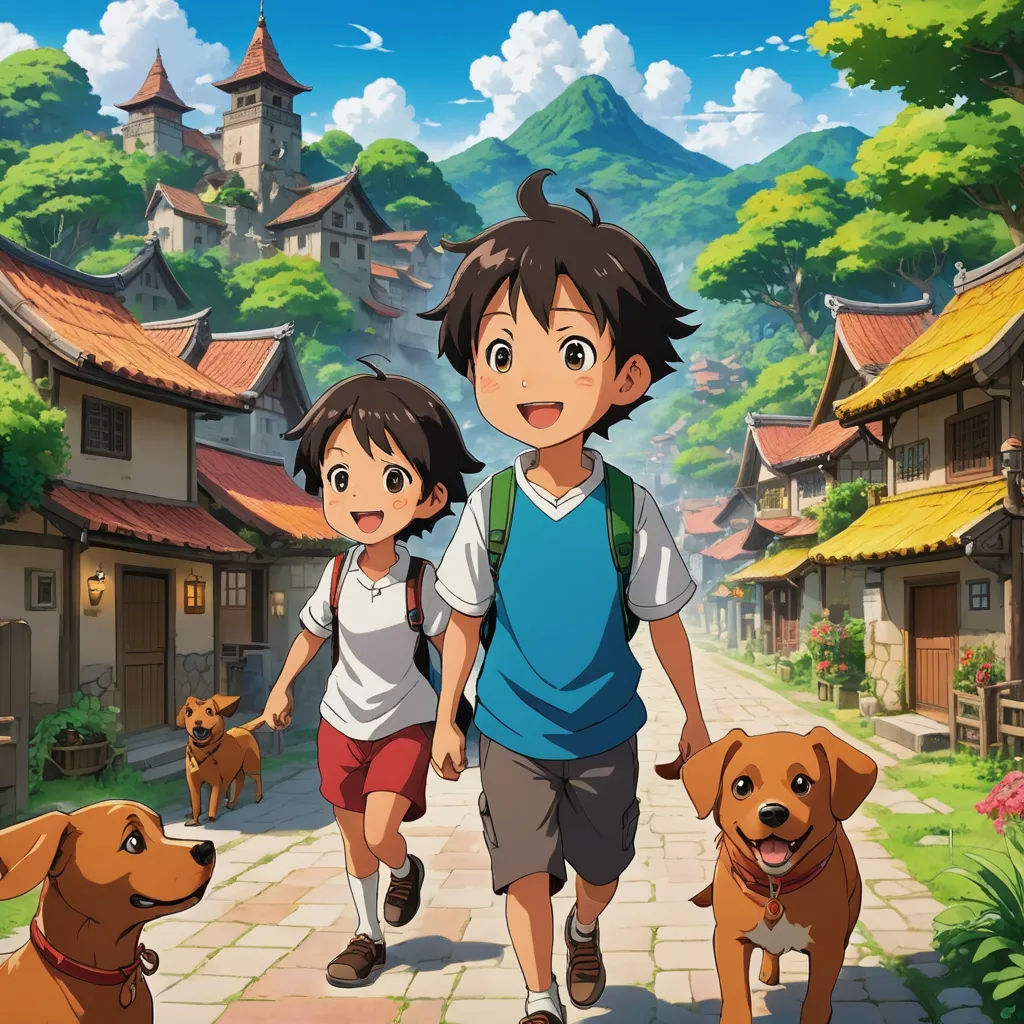 a boy and a girl walking down a street with two dogs on a leash behind them and a dog on the leash, furry art, a detailed matte painting, Akira Toriyama, anime key visual