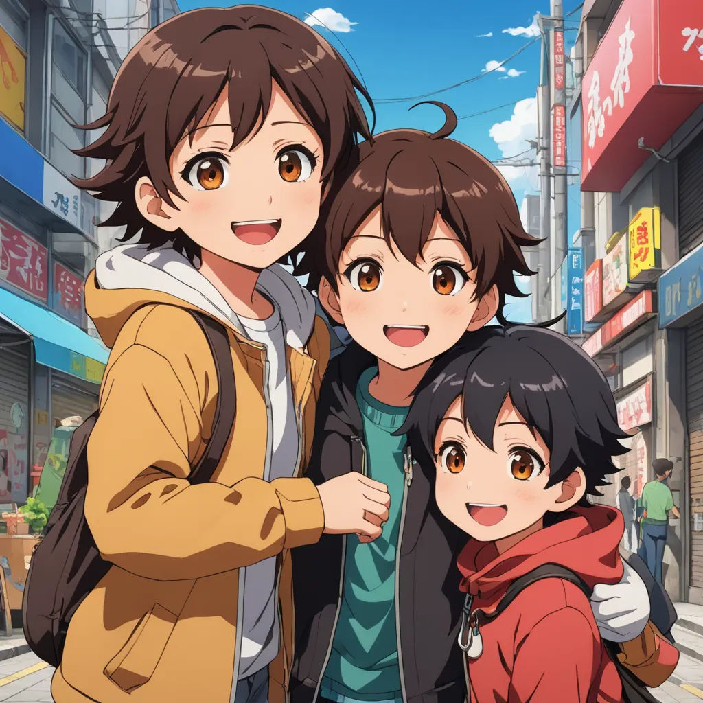 three people standing in front of a store front with a sky background and a city street in the background, rayonism, concept art, Ai-Mitsu, official art