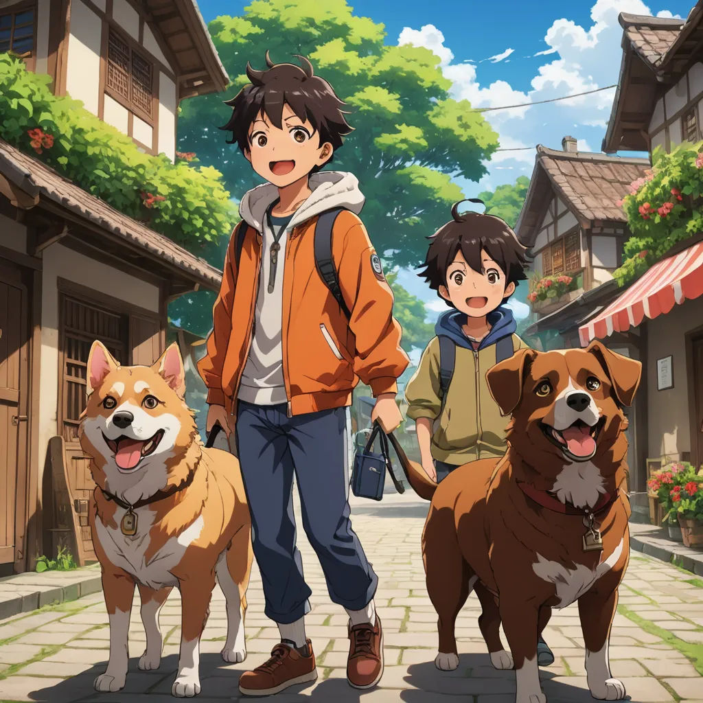 a man and two dogs standing on a street with houses in the background and a woman holding a purse, rayonism, concept art, Baiōken Eishun, anime key visual